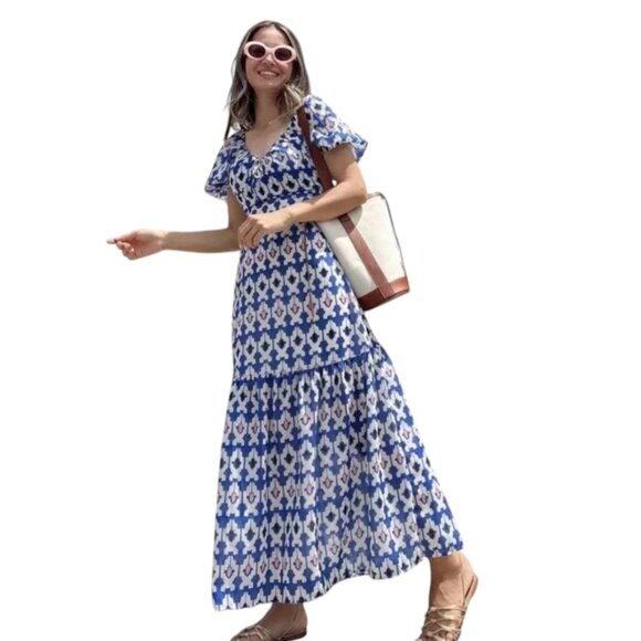 Zara Dresses & Skirts - Zara Ikat Maxi Tiered Dress, Ivory Blue Black Pink, M